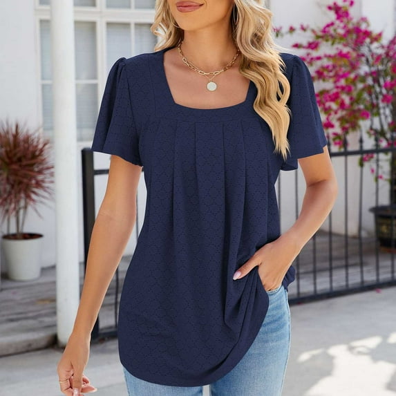 Wiyuqeen Pleated Sleeve Summer Blouses Women Trendy Hollow Out Basic Shirts Comfy Flowy Square Neck Casual Tees Dressy Casual Solid Color Tops