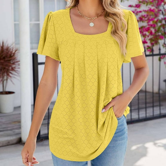 Wiyuqeen Pleated Sleeve Summer Blouses Women Trendy Hollow Out Basic Shirts Comfy Flowy Square Neck Casual Tees Dressy Casual Solid Color Tops