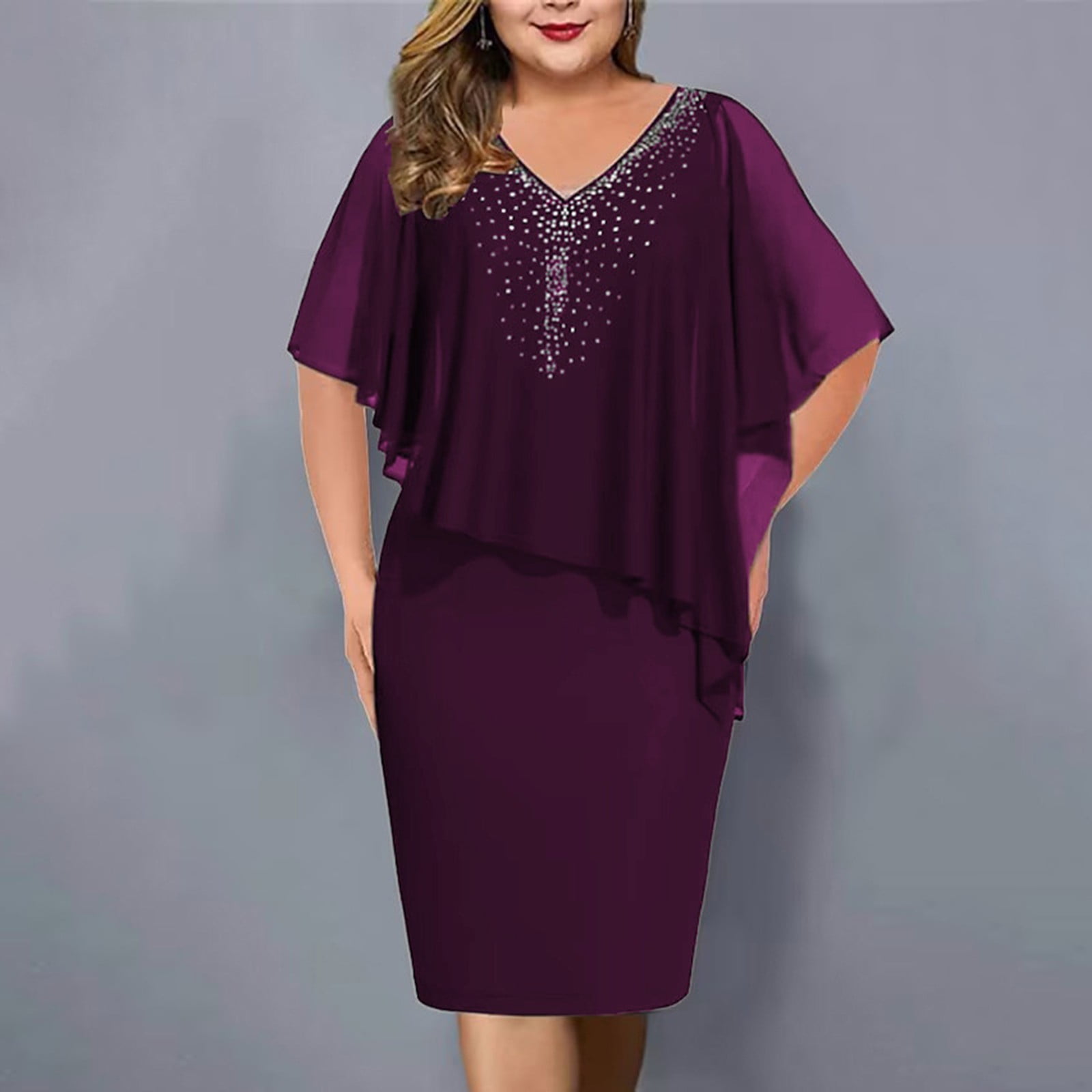 V-Neck Chiffon Dresses with Cap Sleeves Pool Plus Size