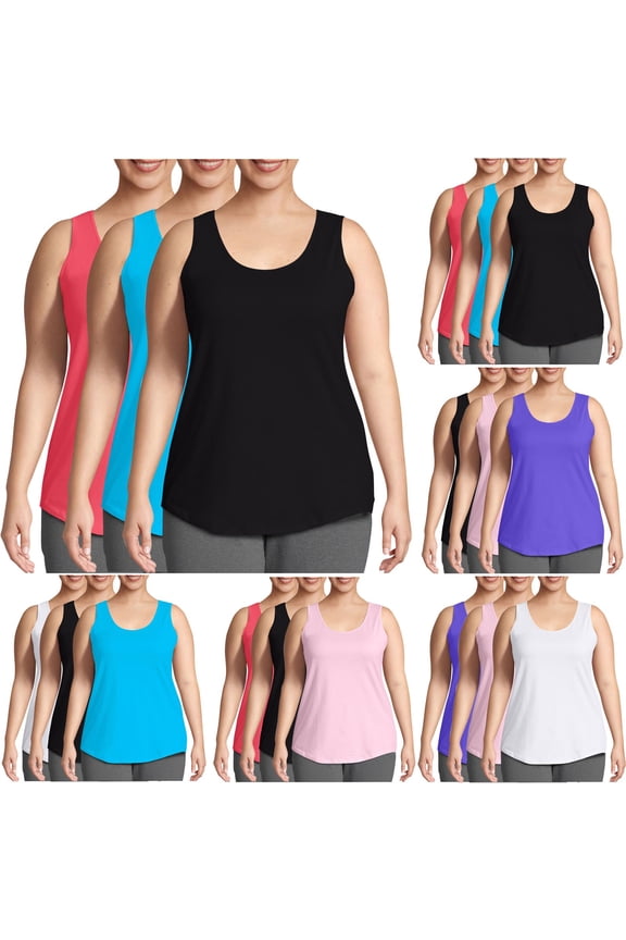 Plus Size Curved Hem Tank Tops for Women 3 PC Basic Scoop Neck Tshirts Soft Baggy Solid Sleeveless Shirts Dressy Casual Stretchy Tees Blouses