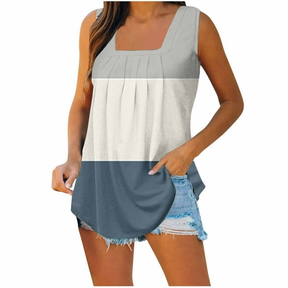 Wiyuqeen Plus Size Pleated Square Neck Tank Tops for Women Summer Casual Loose Fit Flowy Shirts Trendy Color Block Sleeveless Blouses Tops