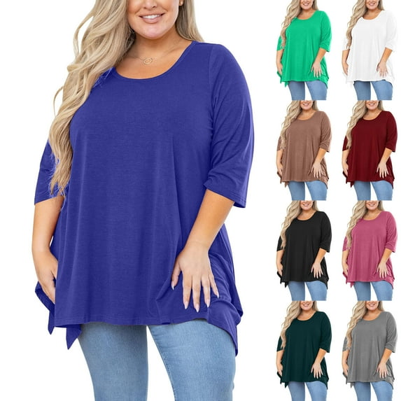 Wiyuqeen Plus Size Tops for Women 3/4 Sleeve Crew Neck Tshirts Solid Cotton Blouses Funny Irregular Hem Shirts Summer Loose Fit Tees