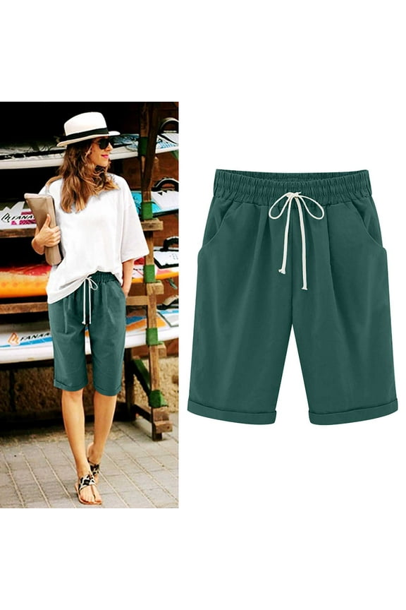 Plus Sized Cotton Linen Shorts for Women Elastic High Waist Drawstring Workout Shorts Comfy Lounge Knee Length Shorts with Pockets