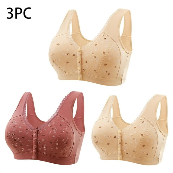 Wiyuqeen Plus Sized Daisy Bras for Women Comfortable Convenient Front Close Cotton Front Button Bras for Older Women Soft No Wire Daily Bras 3PC