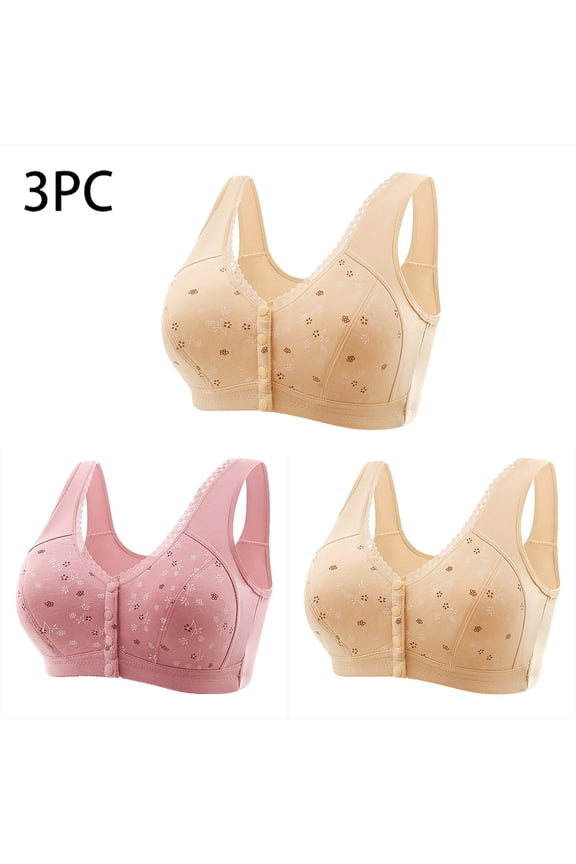 Plus Sized Daisy Bras for Women Comfortable Convenient Front Close Cotton Front Button Bras for Older Women Soft No Wire Daily Bras 3PC