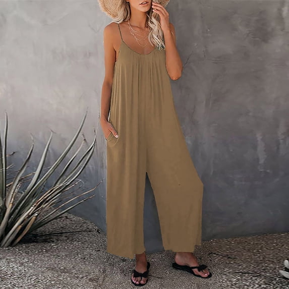 Wiyuqeen Plus Sized Spaghetti Strap Suspenders for Women Elegant V Neck Loose Fit Rompers with Pockets Ladies Sleeveless Wide Leg Lounge Jumpersuits