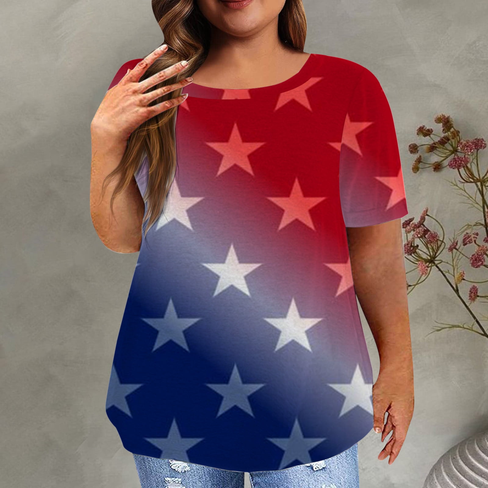 Wiyuqeen Plus Sized Stars Printed Tshirts Women 4th of July Curved Hem