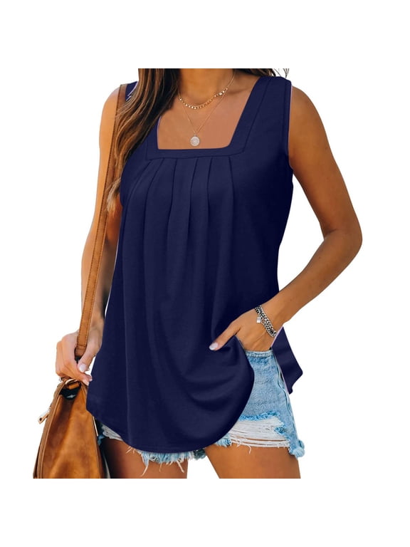 Plus Sized Summer Tank Tops for Women Square Neck Sleeveless Tops Flowy Pleated Tunics Ladies Comfy Loose Fit Vests