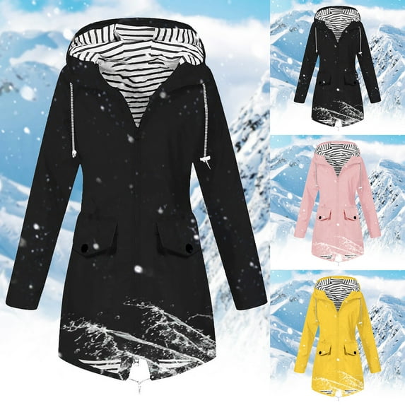 Wiyuqeen Rain Jacket Womens Waterproof with Hood Zip Up Long Sleeve Striped Lined Long Raincoats Plus Size Solid Lightweight Outdoor Jackets