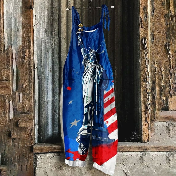 Wiyuqeen Red White Blue Linen Overalls Women's Sleeveless Spaghetti Strap Harem Rompers Plus Size Patriotic Overalls with Pockets