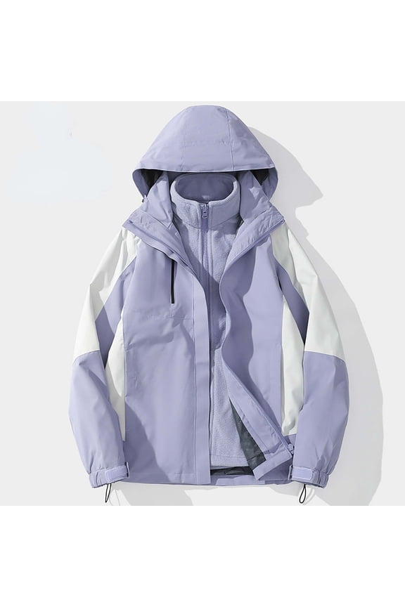 Removable Lining Waterproof Jackets Soft Trendy Color Block Coats Lightweight Thermal Long Sleeve Hiking Jackets Fleece Lined Outerwear with Pockets
