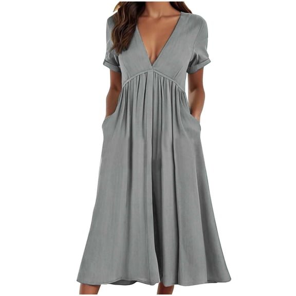 Wiyuqeen Rolled Short Sleeve Midi Dresses Women Elegant Deep V Neck Dresses Casual Loose Empire Waist Dresses with Pockets Summer Solid Dresses