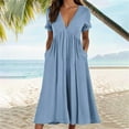 thumbnail image 1 of Wiyuqeen Rolled Short Sleeve Midi Dresses Women Elegant Deep V Neck Dresses Casual Loose Empire Waist Dresses with Pockets Summer Solid Dresses, 1 of 6