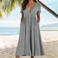 thumbnail image 1 of Wiyuqeen Rolled Short Sleeve Midi Dresses Women Elegant Deep V Neck Dresses Casual Loose Empire Waist Dresses with Pockets Summer Solid Dresses, 1 of 6