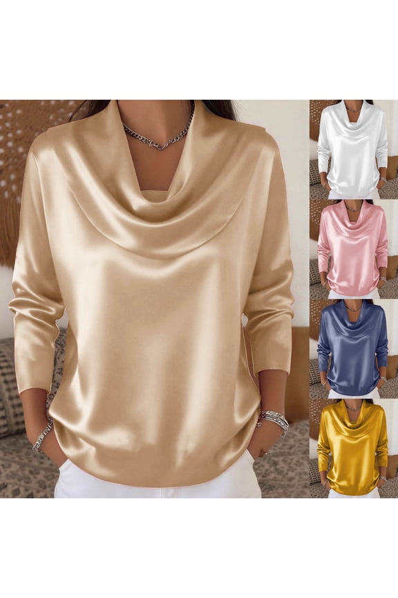 Satin Silk Tops for Women Cowl Neck Draped Blouses Solid Lightweight Office Shirts Loose Fit Tunics Manga Larga Blusas