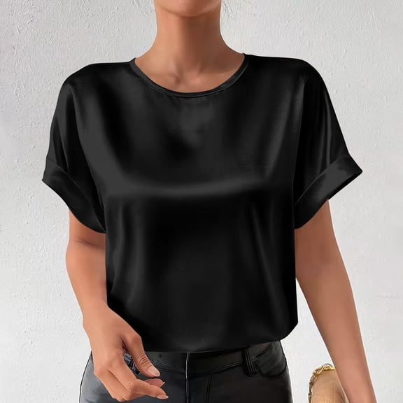 Wiyuqeen Satin Silk Tops for Women Summer Blouses Crew Neck Short Sleeve Rolled T Shirts Solid Loose Fit Shirts for Going Out Casual Wear