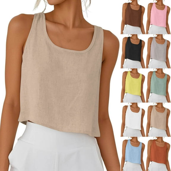 Wiyuqeen Scoop Neck Tank Tops for Women Sleeveless Spaghetti Strap Linen Camis Solid Summer Cropped Tanks Backless Tanks for Women