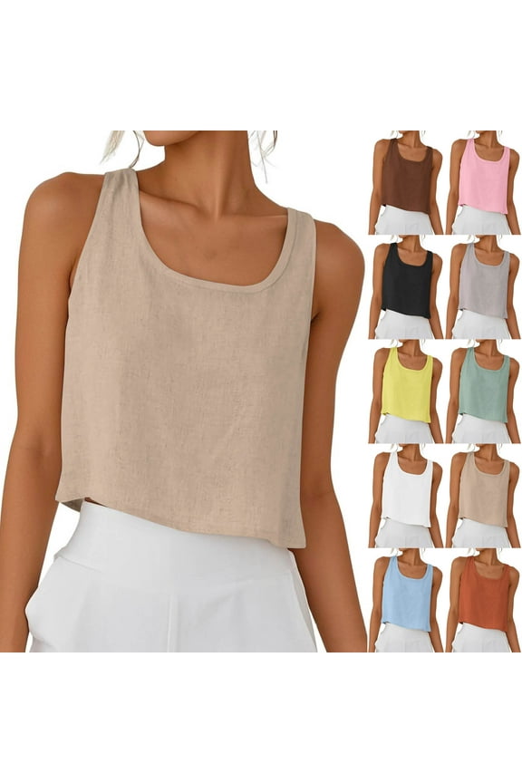 Scoop Neck Tank Tops for Women Sleeveless Spaghetti Strap Linen Camis Solid Summer Cropped Tanks Backless Tanks for Women