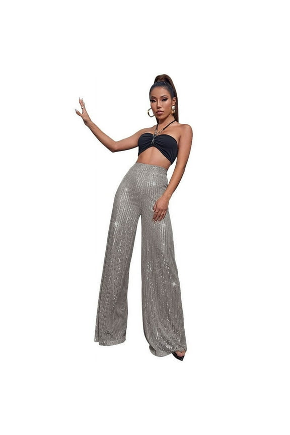Sequin Pant for Women 2024 Fall Sparkly Glitter High Waist Palazzo Pants Loose Fit Swing Wide Leg Trousers for Party Club Bling Trousers