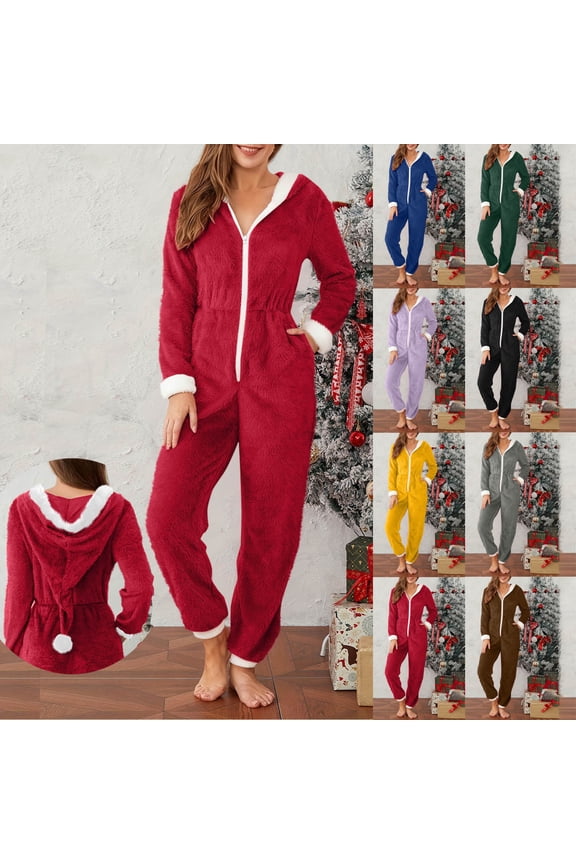 Sherpa Jumpsuit Womens Fuzzy Pajamas Long Sleeve Adult Onesie Pajamas Winter Rompers Sleepwear Christmas Gifts for Women