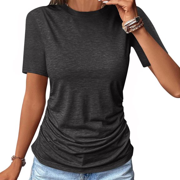 Wiyuqeen Side Ruched Hide Belly T-shirts for Women Classic Crew Neck Short Sleeve Tops Blouses Basic Fitted Solid Color Pullover Shirts Summer Tees