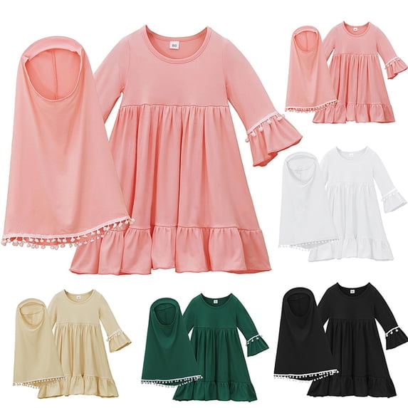 Wiyuqeen Solid Color Girls Abaya Modest Muslim Prayer Robe Long Sleeve Dubai Maxi Dress Tassel Trim Islamic Lightweight Dress 6M-8Y