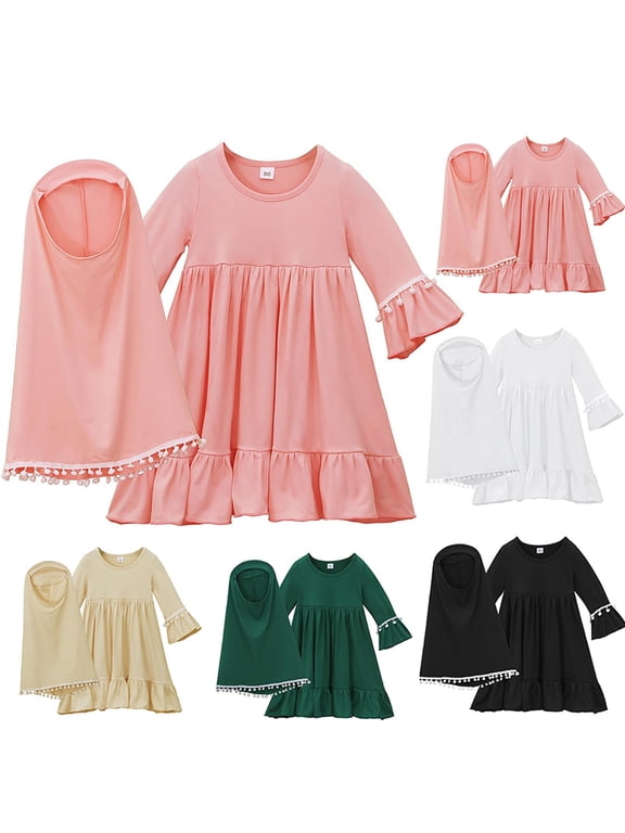 Solid Color Girls Abaya Modest Muslim Prayer Robe Long Sleeve Dubai Maxi Dress Tassel Trim Islamic Lightweight Dress 6M-8Y