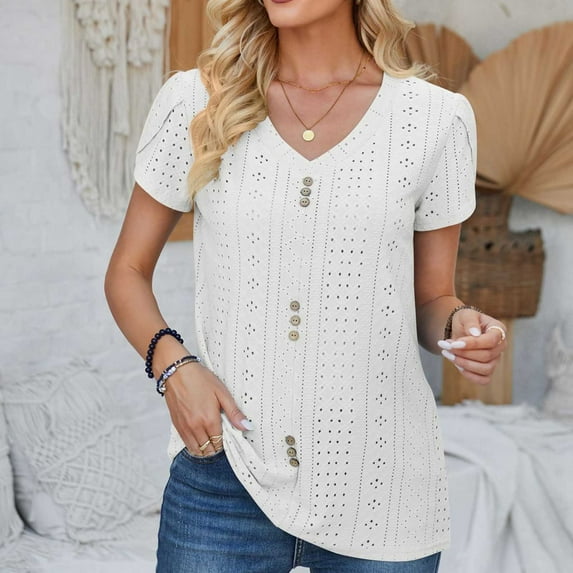 Wiyuqeen Solid Eyelet Hollow Out Blouses for Women Summer Cute Petal Sleeve V Neck Tunic Tops Loose Fit Button Decor Tees Casual Short Sleeve Shirts