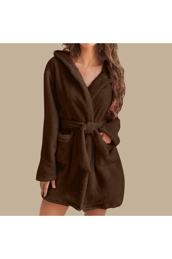 Solid Mid Length Robes for Women Soft Flannel Bathrobe Fall Winter Absorbent Pajama Robe with Pockets Womens Fuzzy Fleece Loungewear