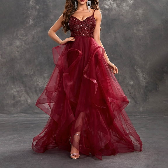 Wiyuqeen Sparkly Tiered Lace Prom Dresses Long Mermaid Wedding Guest Dress Formal Spaghetti Dtrap Evening Gown with Slit Elegant Sleeveless V Neck Party Dress