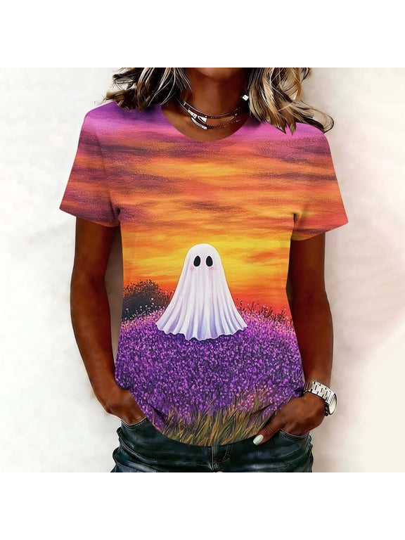 Spooky Season Tee Womens Basic Witch Halloween T Shirt Crewneck Short Sleeve Casual Print Tops Everyday Casual Daily Wear S-5XL