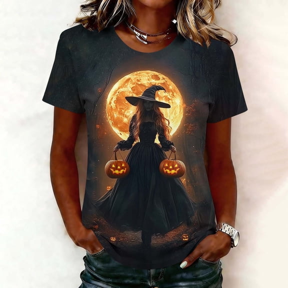 Wiyuqeen Spooky Season Tee Womens Basic Witch Halloween T Shirt Crewneck Short Sleeve Casual Print Tops Everyday Casual Daily Wear S-5XL