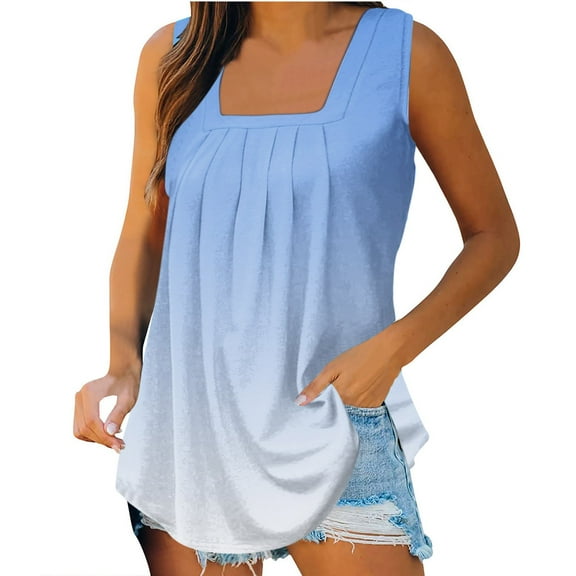 Wiyuqeen Square Neck Tank Tops for Women Gradient Color Pleated Tops Comfy Sleeveless Going Out Shirts Flowy Tunic Tees