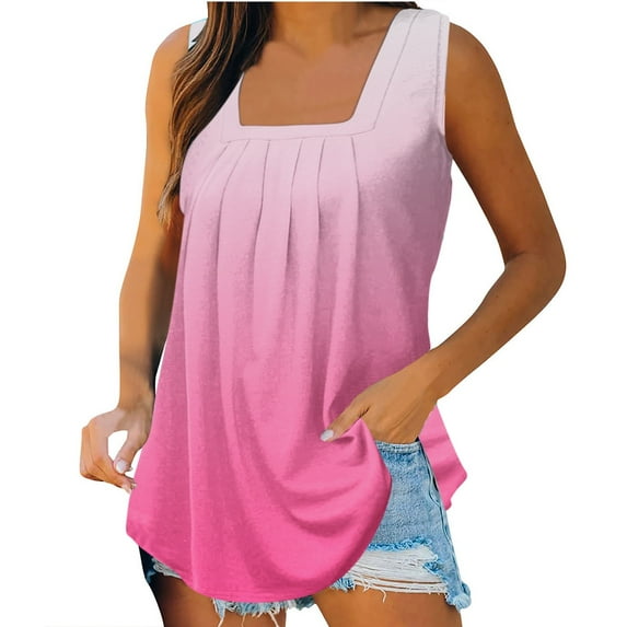 Wiyuqeen Square Neck Tank Tops for Women Gradient Color Pleated Tops Comfy Sleeveless Going Out Shirts Flowy Tunic Tees
