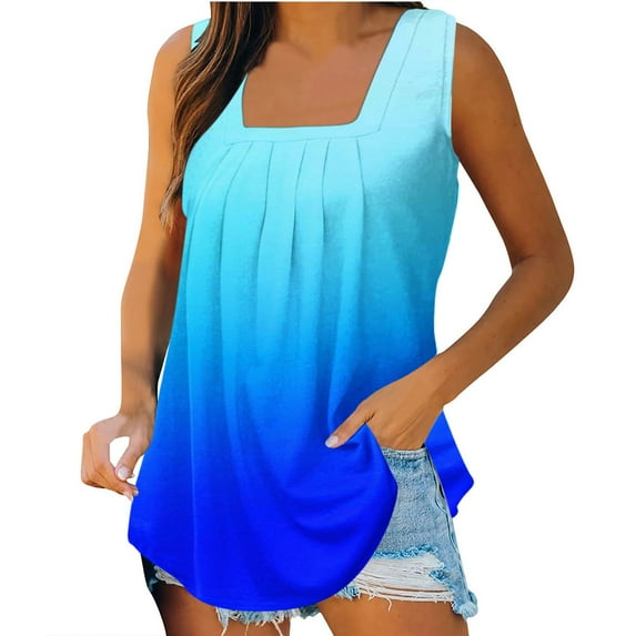 Wiyuqeen Square Neck Tank Tops for Women Gradient Color Pleated Tops Comfy Sleeveless Going Out Shirts Flowy Tunic Tees