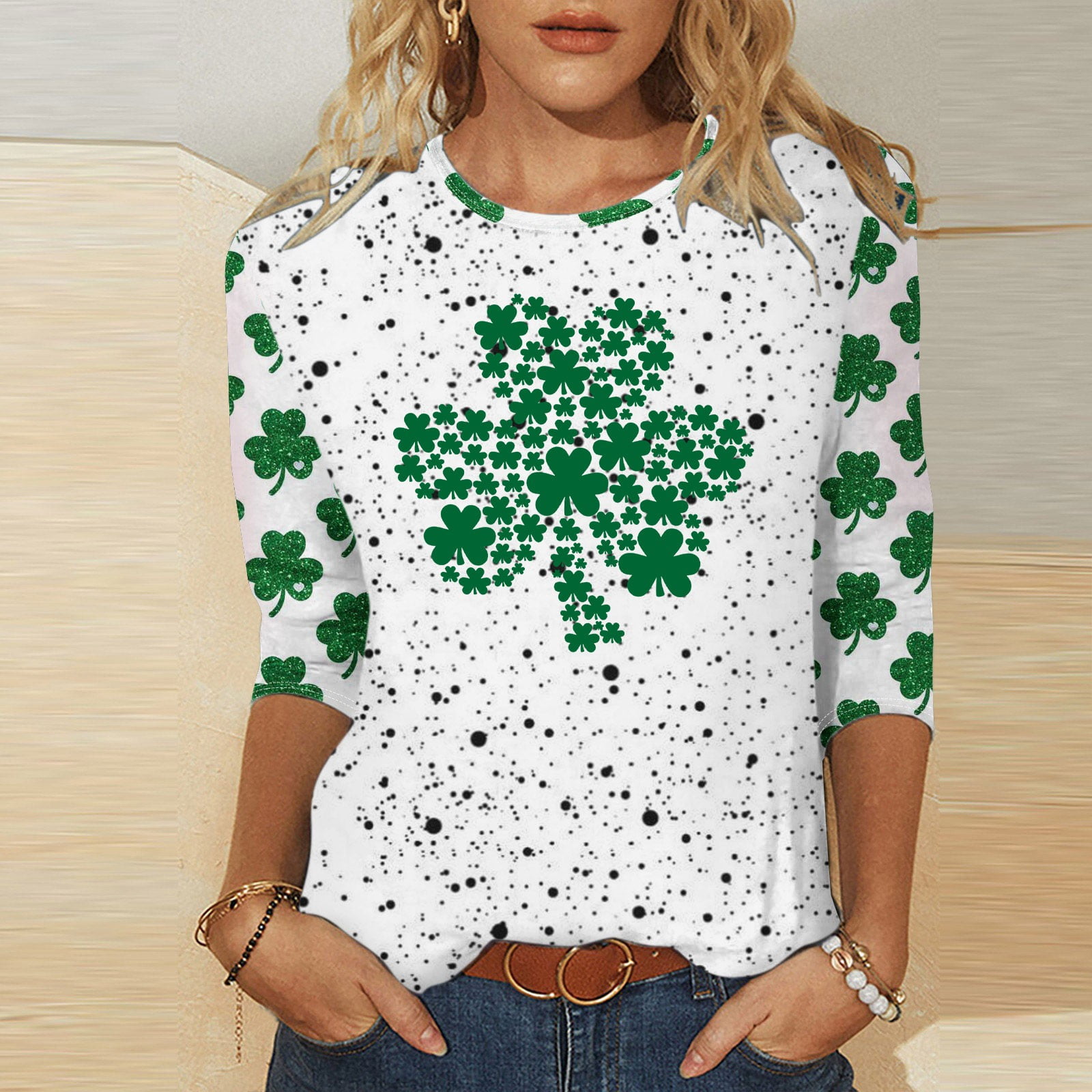 Wiyuqeen St Patricks Day Shirts Women Green Four Leaf Clover Print ...