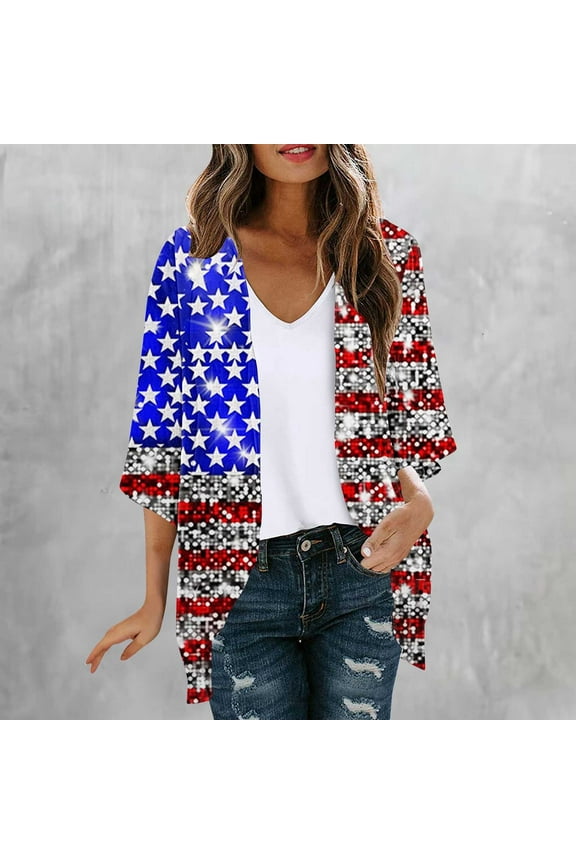 Stars and Stripes Cardigans for Women Short Sleeve Open Front USA Flag Cover Up Lightweight Summer Stars Striped Kimonos