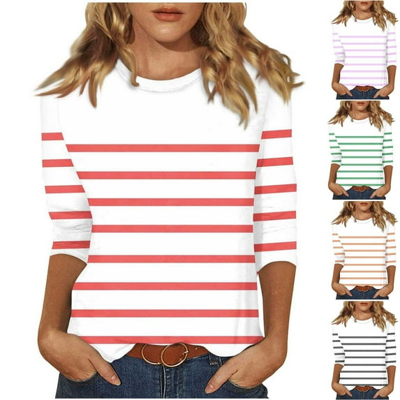 Wiyuqeen Striped 3/4 Sleeve Tops for Women Crew Neck Color Block Shirtd Casual Loose Summer T Shirts Plus Size Going Out Tee Shirts