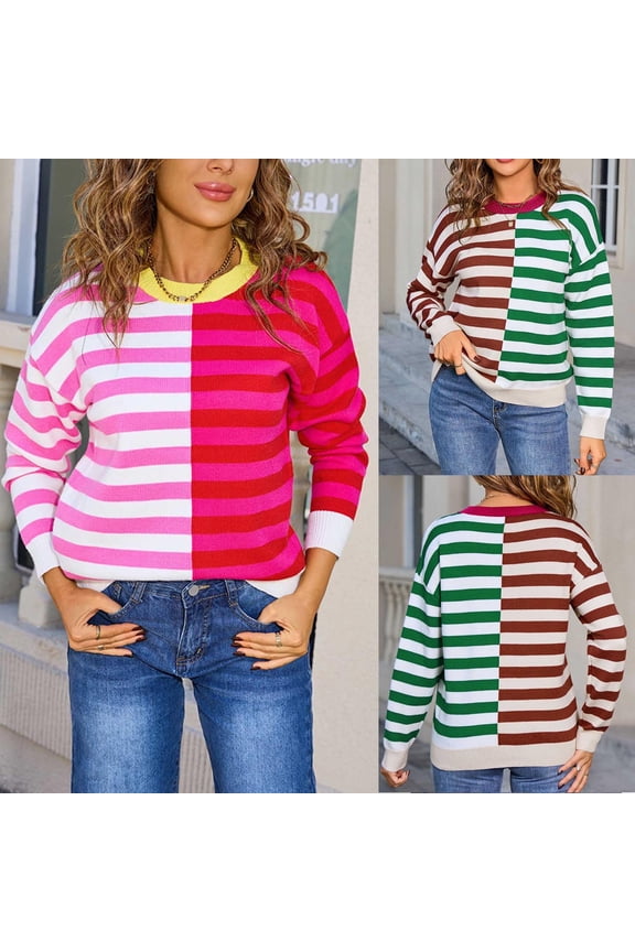 Striped Sweater Women Crew Beck Fall Knit Pullover Long Sleeve Drop Shoulder Sweaters Funny Color Block Sweaters for Ladies