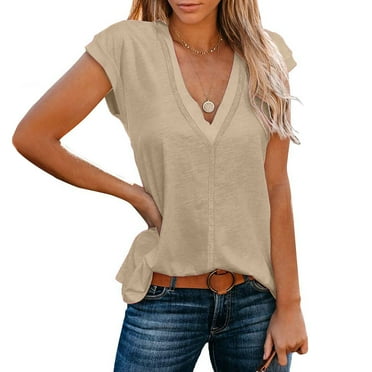 Wiyuqeen Summer Cap Sleeve Tops for Women Basic Solid Color V Neck Short Sleeve Shirts Trendy Loose Casual Going Out Blouses S-XL