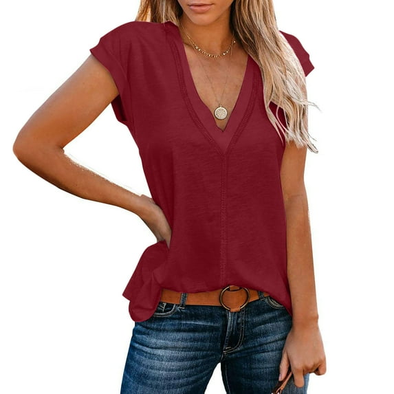Wiyuqeen Summer Cap Sleeve Tops for Women Basic Solid Color V Neck Short Sleeve Shirts Trendy Loose Casual Going Out Blouses S-XL