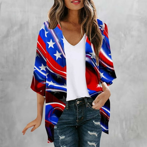 Wiyuqeen Summer Cardigans for Women Lightweight 4th of July Open Front Cardigans Short Sleeve Chiffon Kimono Cover Up for Beach Holiday