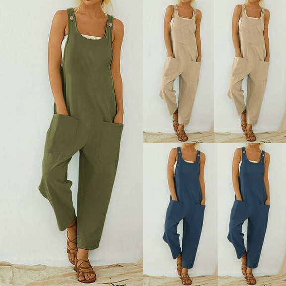 Wiyuqeen Summer Overalls for Women Sleeveless Scoop Neck Casual Jumpsuits Solid Color Harem Long Pants Lightweight Romper Jumpers with Pokcet