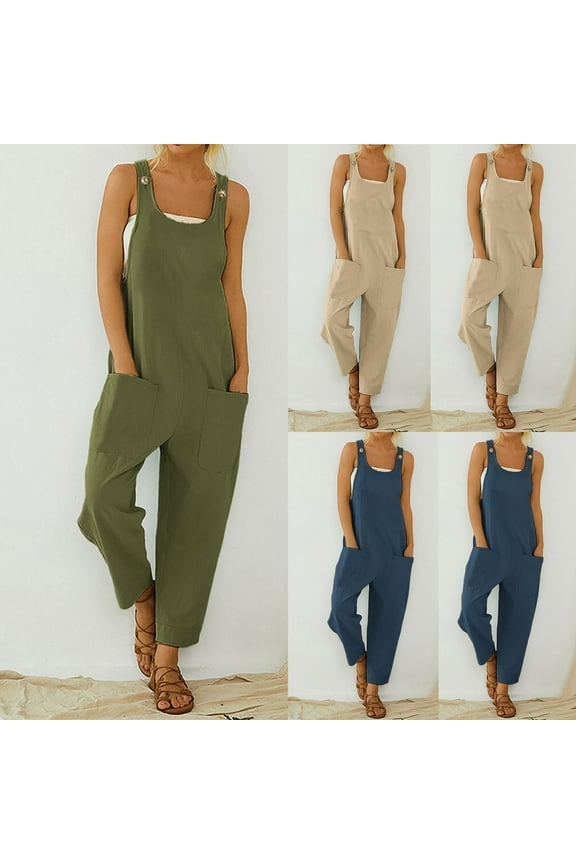 Summer Overalls for Women Sleeveless Scoop Neck Casual Jumpsuits Solid Color Harem Long Pants Lightweight Romper Jumpers with Pokcet
