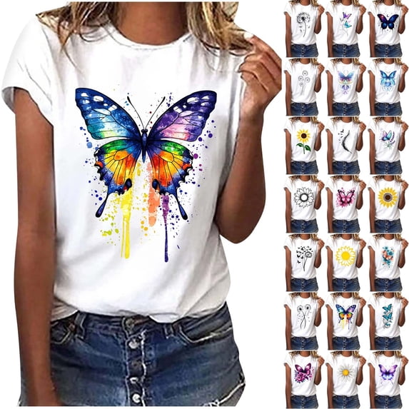 Wiyuqeen Summer Tops for Women Crewneck Short Sleeve Casual Graphic Tees Funny Floral Print T Shirts Loose Fit Blouses Ladies Gifts
