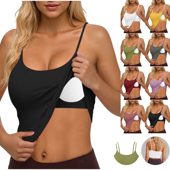Wiyuqeen Tank Tops for Women Built in Bra Backless Basic Double Lined Summer Spaghetti Strap Sleeveless Cami Workout Shirts Purple S