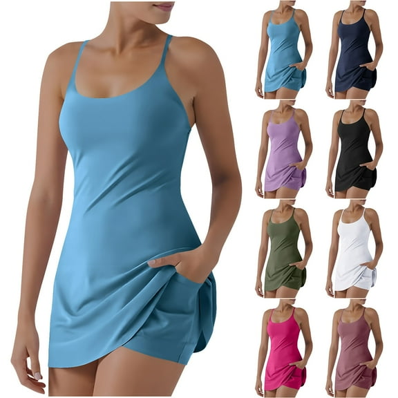 Wiyuqeen Tennis Dresses for Women with Shorts Scoop Neck Spaghetti Strap Athletic Dresses Solid Slim Fit Mini Dresses with Pockets