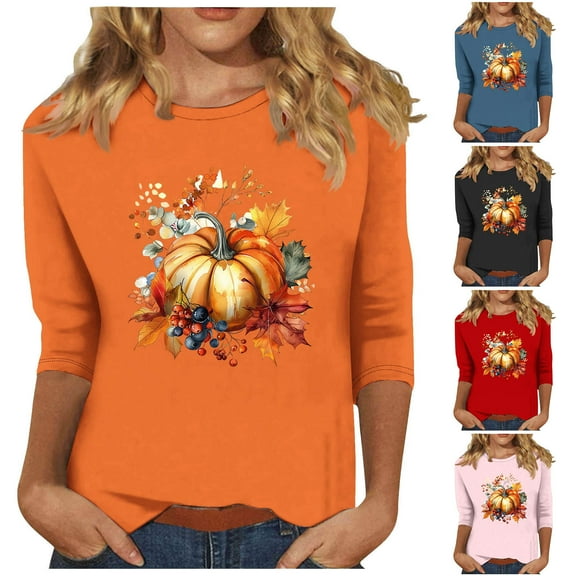 Wiyuqeen Thankful Grateful Blessed Shirt Women Plus Size 3/4 Sleeve Thanksgiving Shirts Crew Neck Graphic Tees Gifts for Woman