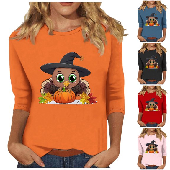 Wiyuqeen Thanksgiving Shirts for Women 3/4 Sleeve Crew Neck Fall Shirts Plus Size Lightweight Graphic Tees Holiday Tshirts
