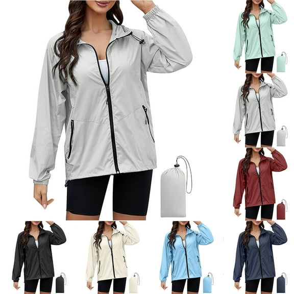 Wiyuqeen Travel Rain Coats for Women Packable Waterproof Rain Jackets Full Zip Solid Lightweight Windbreaker Outdoor Jacket with Pocket